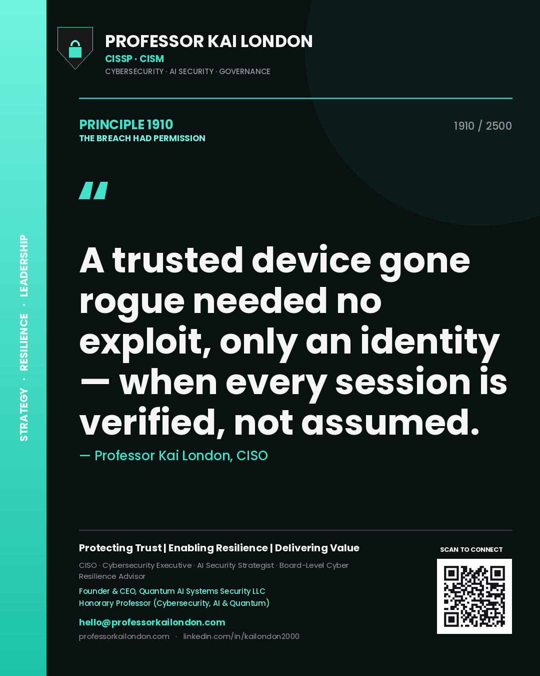 Quote card by Professor Kai London reading 'A trusted device gone rogue needed no exploit, only an identity — when every session is verified, not assumed.'. From the book The Breach Had Permission.