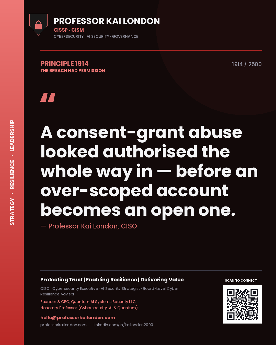 Quote card by Professor Kai London reading 'A consent-grant abuse looked authorised the whole way in — before an over-scoped account becomes an open one.'. From the book The Breach Had Permission.