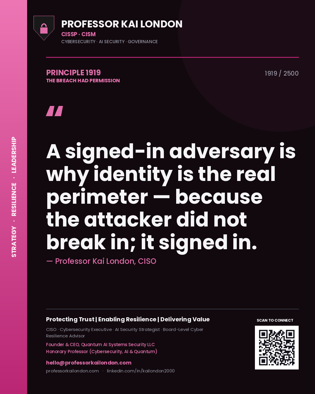 Quote card by Professor Kai London reading 'A signed-in adversary is why identity is the real perimeter — because the attacker did not break in; it signed in.'. From the book The Breach Had Permission.
