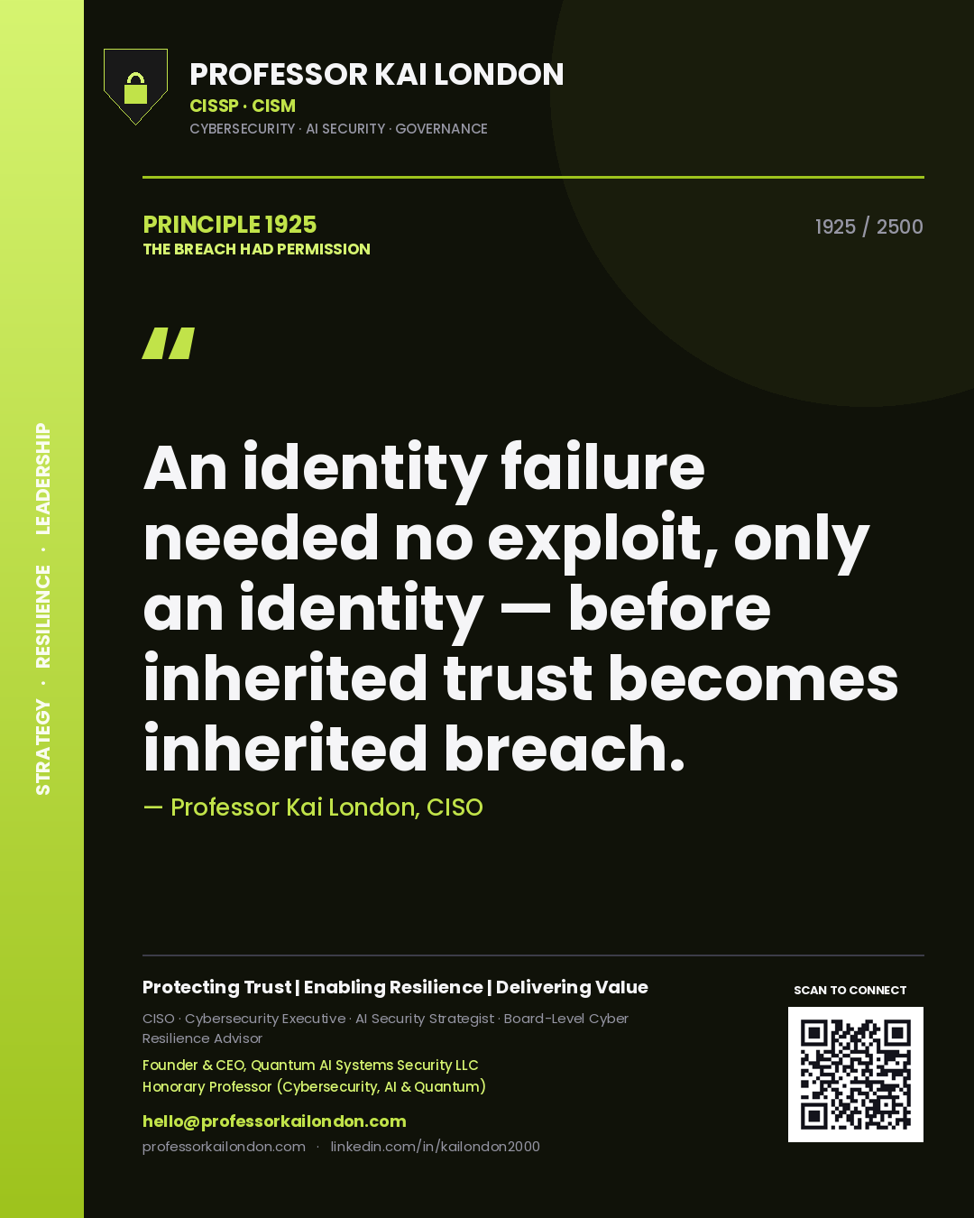Quote card by Professor Kai London reading 'An identity failure needed no exploit, only an identity — before inherited trust becomes inherited breach.'. From the book The Breach Had Permission.