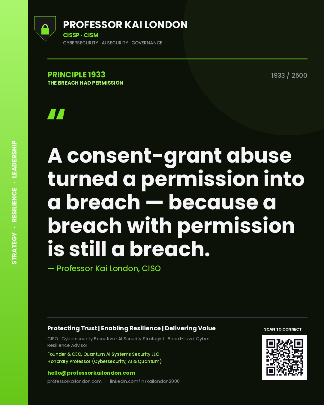 Quote card by Professor Kai London reading 'A consent-grant abuse turned a permission into a breach — because a breach with permission is still a breach.'. From the book The Breach Had Permission.