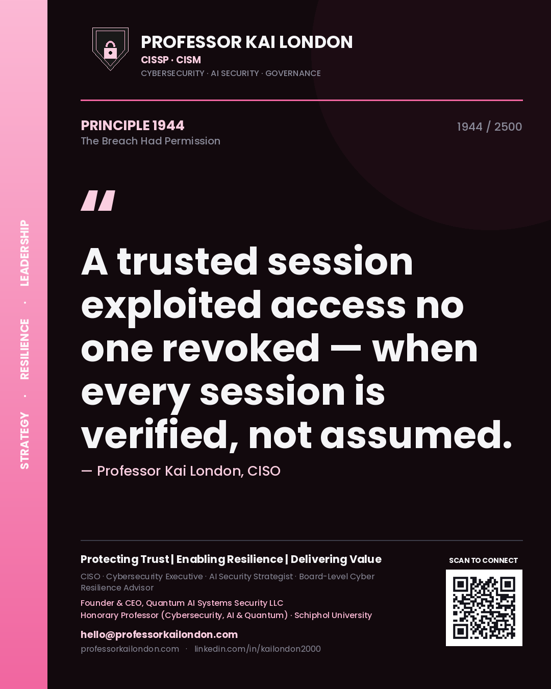 Professor Kai London principle 1944: A trusted session exploited access no one revoked — when every session is verified, not assumed.