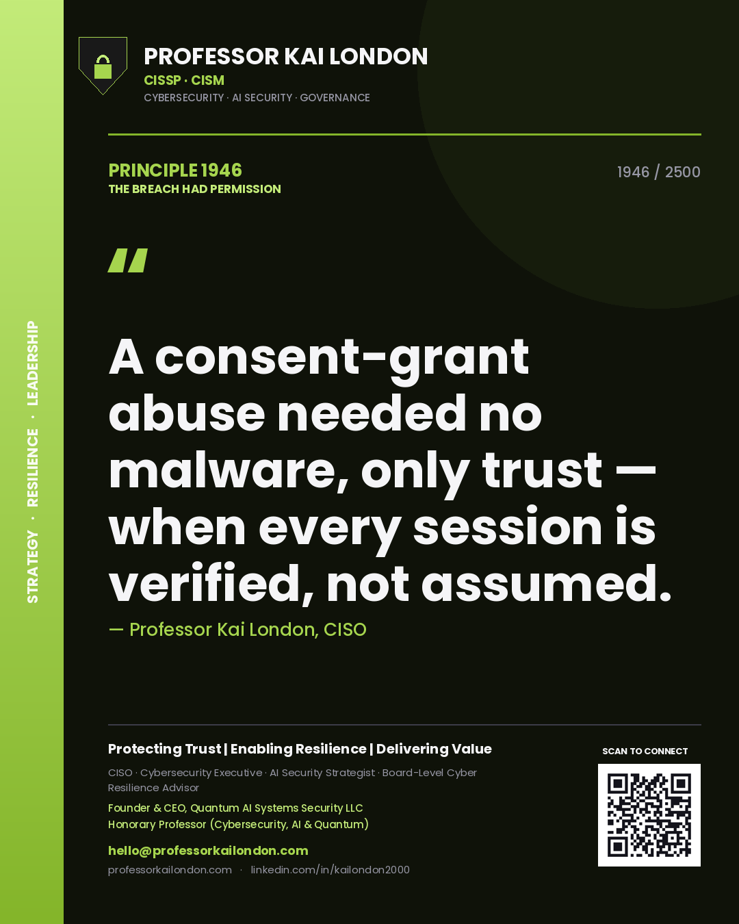 Professor Kai London principle 1946: A consent-grant abuse needed no malware, only trust — when every session is verified, not assumed.