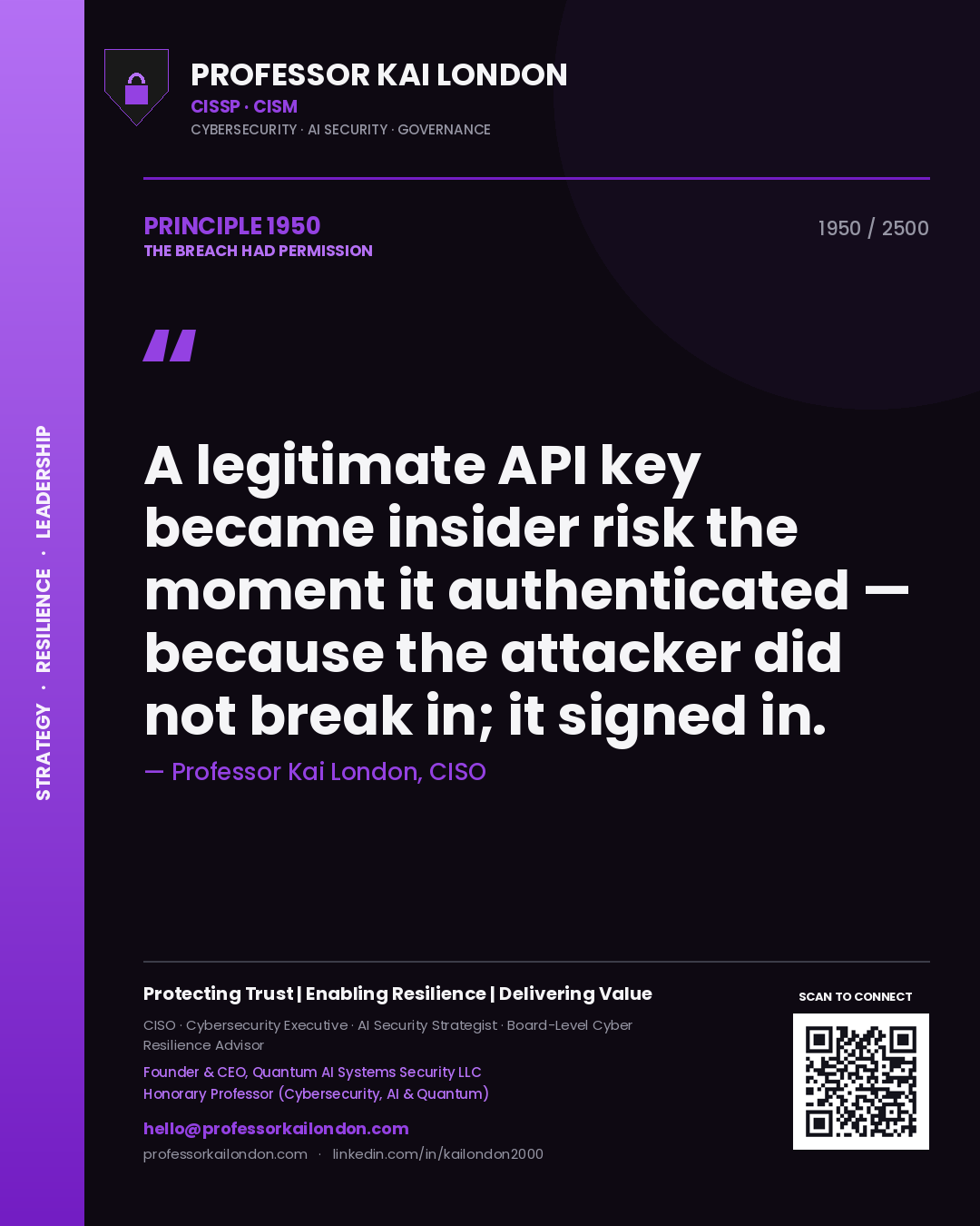 Professor Kai London principle 1950: A legitimate API key became insider risk the moment it authenticated — because the attacker did not break in; it signed in.