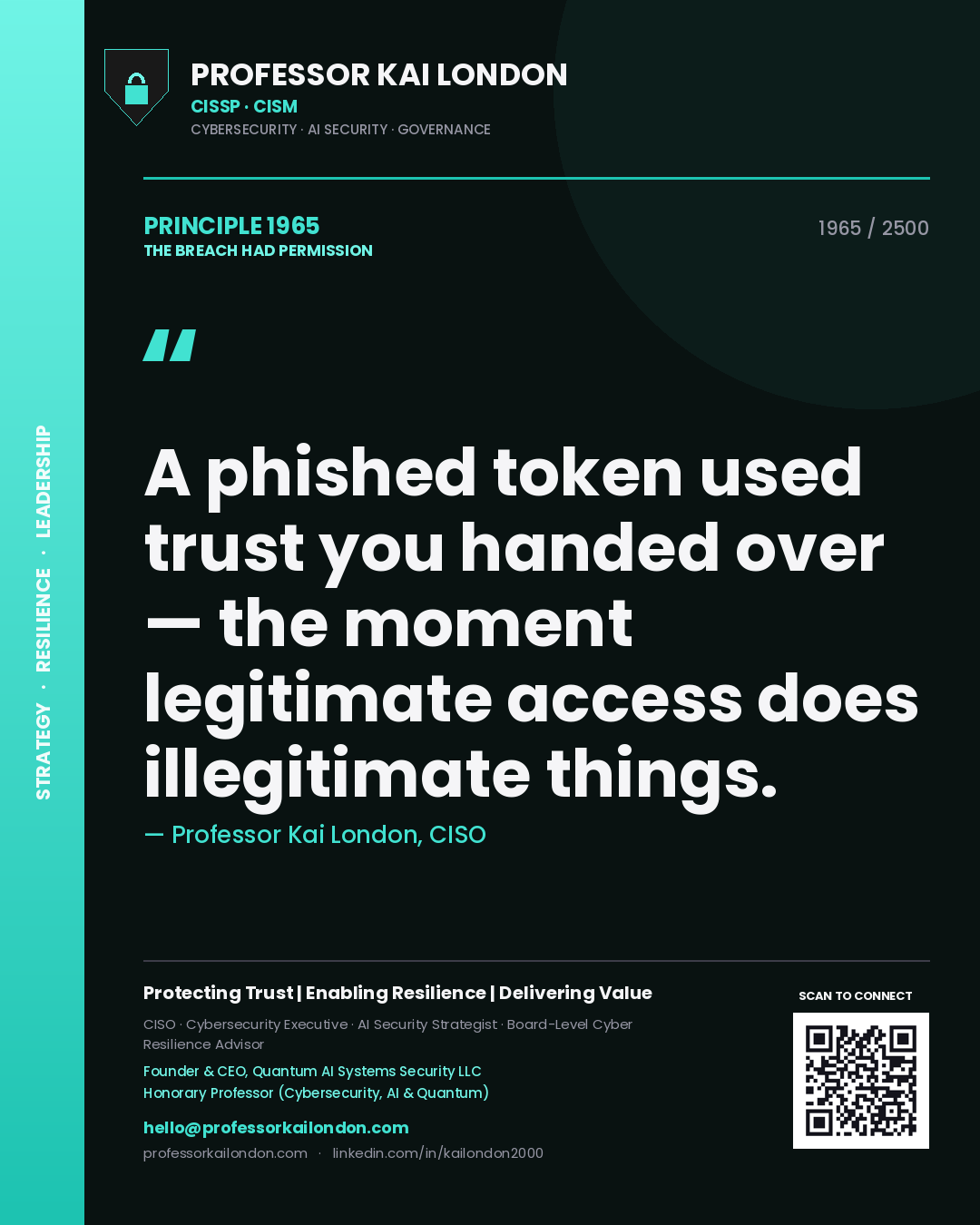 Professor Kai London principle 1965: A phished token used trust you handed over — the moment legitimate access does illegitimate things.
