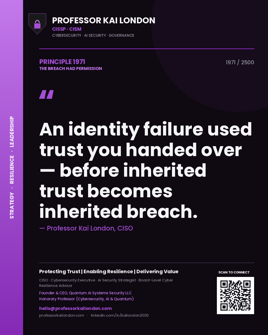 Professor Kai London principle 1971: An identity failure used trust you handed over — before inherited trust becomes inherited breach.