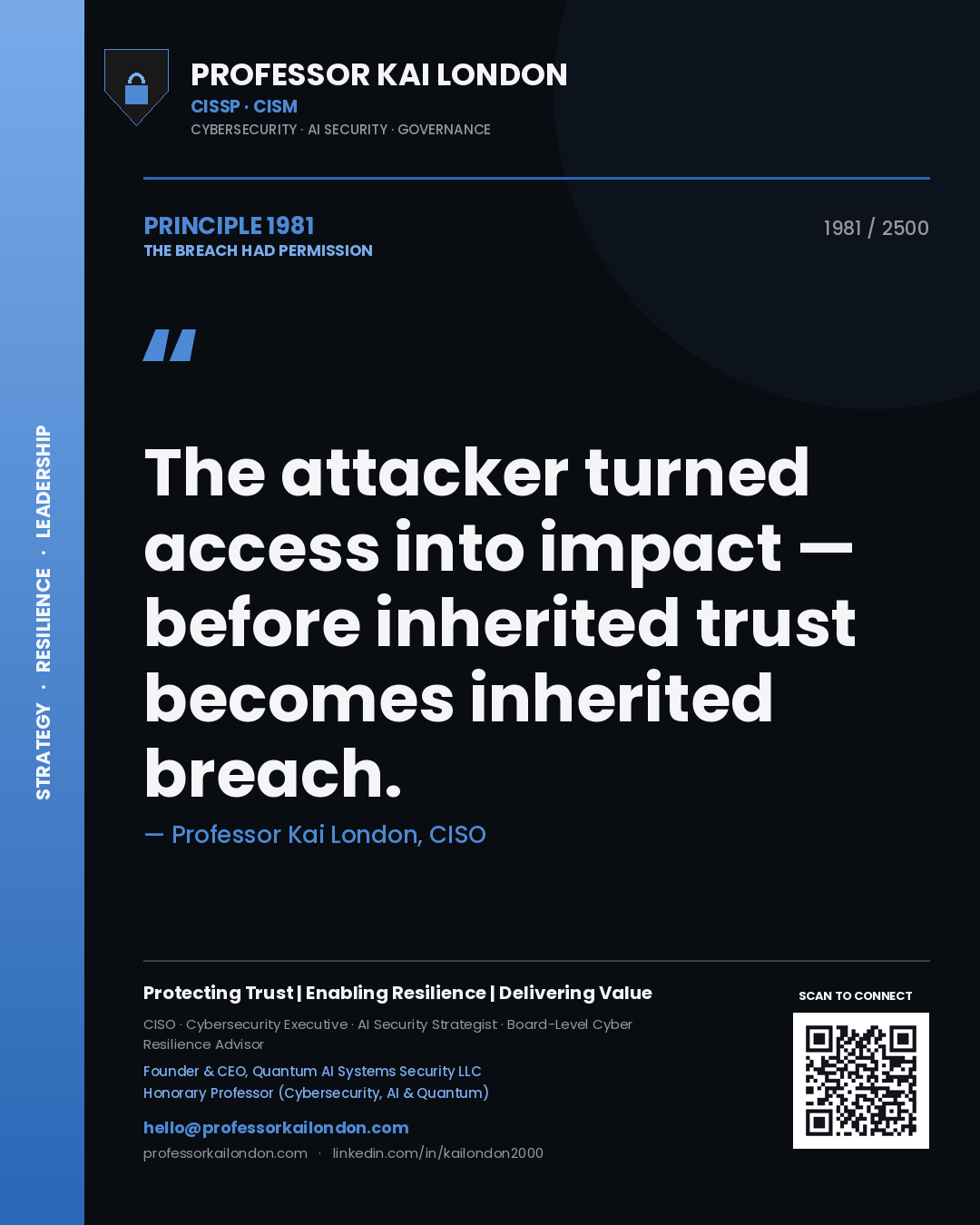 Quote card by Professor Kai London reading 'The attacker turned access into impact — before inherited trust becomes inherited breach.'. From the book The Breach Had Permission.