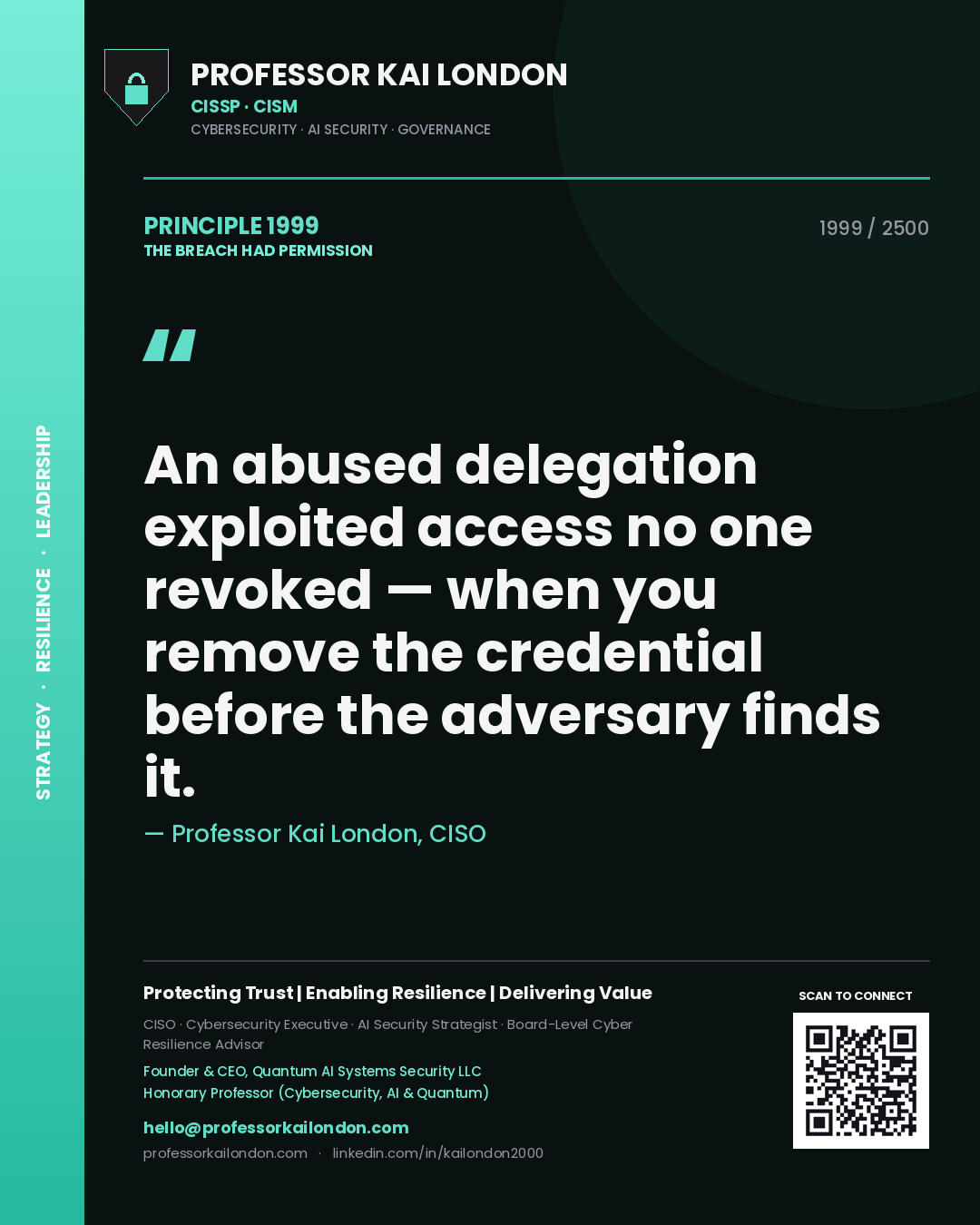 Professor Kai London principle 1999: An abused delegation exploited access no one revoked — when you remove the credential before the adversary finds it.