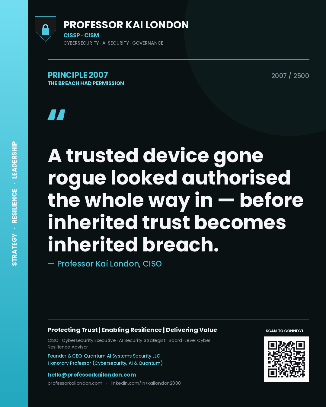 Professor Kai London principle 2007: A trusted device gone rogue looked authorised the whole way in — before inherited trust becomes inherited breach.