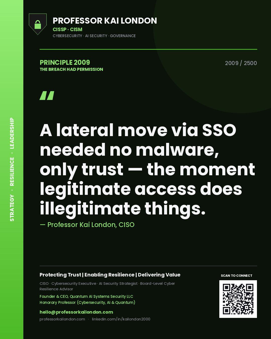 Professor Kai London principle 2009: A lateral move via SSO needed no malware, only trust — the moment legitimate access does illegitimate things.