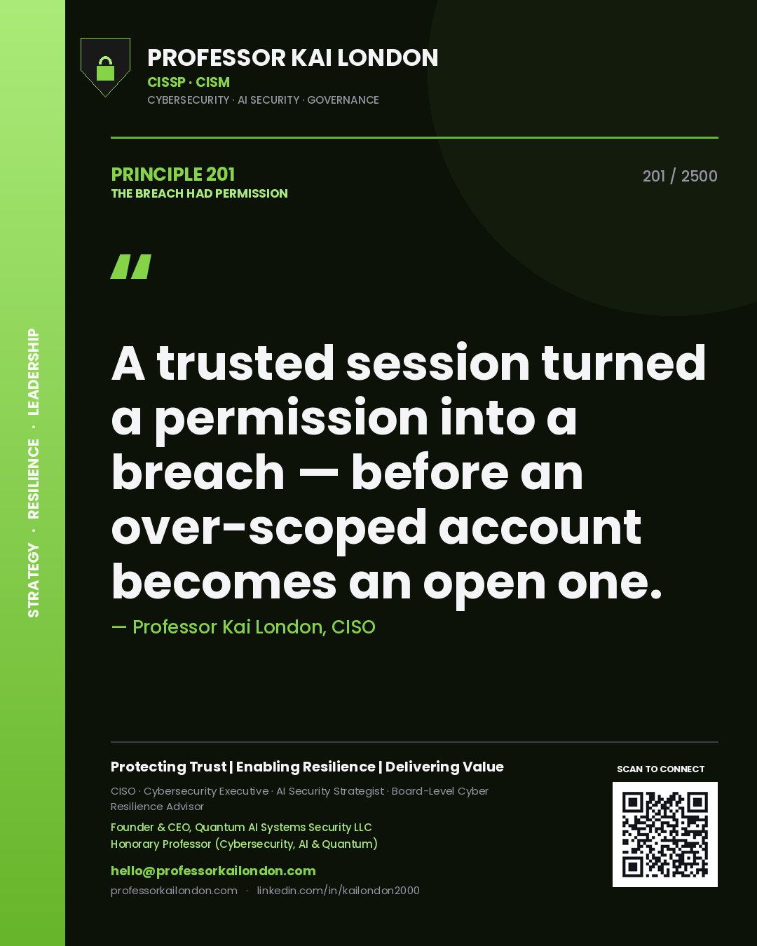 Quote card by Professor Kai London reading 'A trusted session turned a permission into a breach — before an over-scoped account becomes an open one.'. From the book The Breach Had Permission.