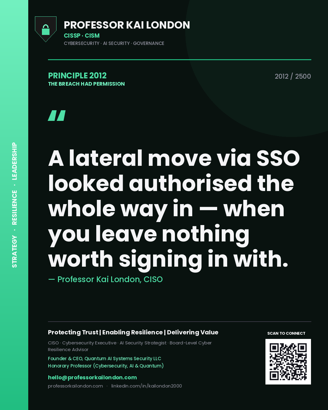 Quote card by Professor Kai London reading 'A lateral move via SSO looked authorised the whole way in — when you leave nothing worth signing in with.'. From the book The Breach Had Permission.