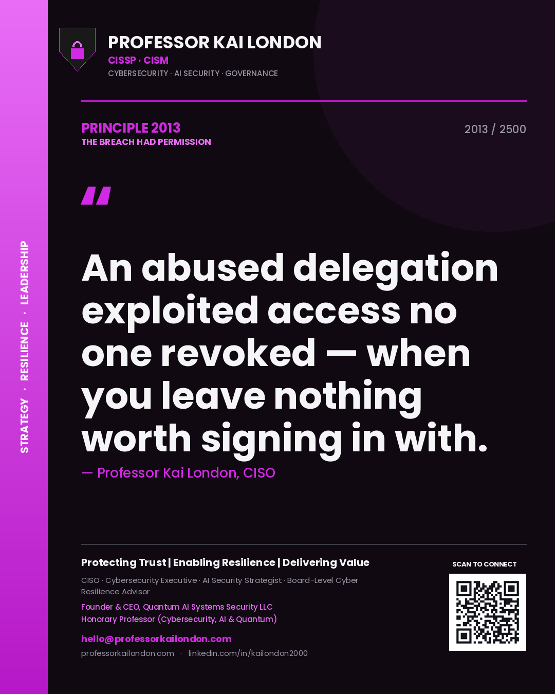 Professor Kai London principle 2013: An abused delegation exploited access no one revoked — when you leave nothing worth signing in with.