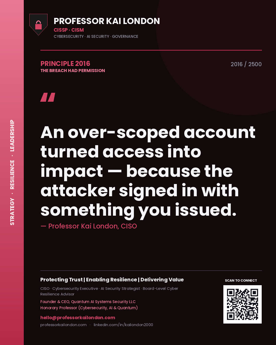 Professor Kai London principle 2016: An over-scoped account turned access into impact — because the attacker signed in with something you issued.