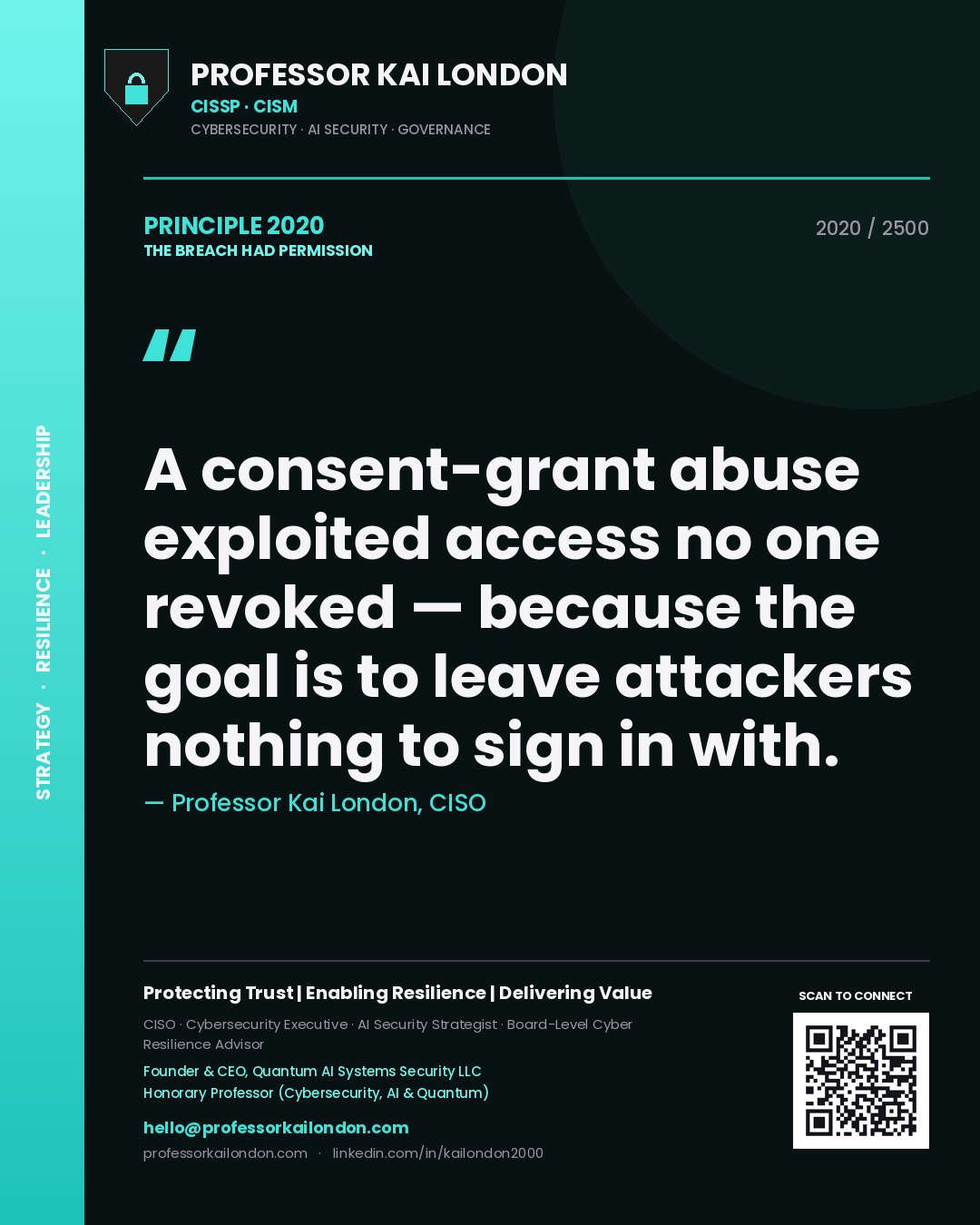 Professor Kai London principle 2020: A consent-grant abuse exploited access no one revoked — because the goal is to leave attackers nothing to sign in with.