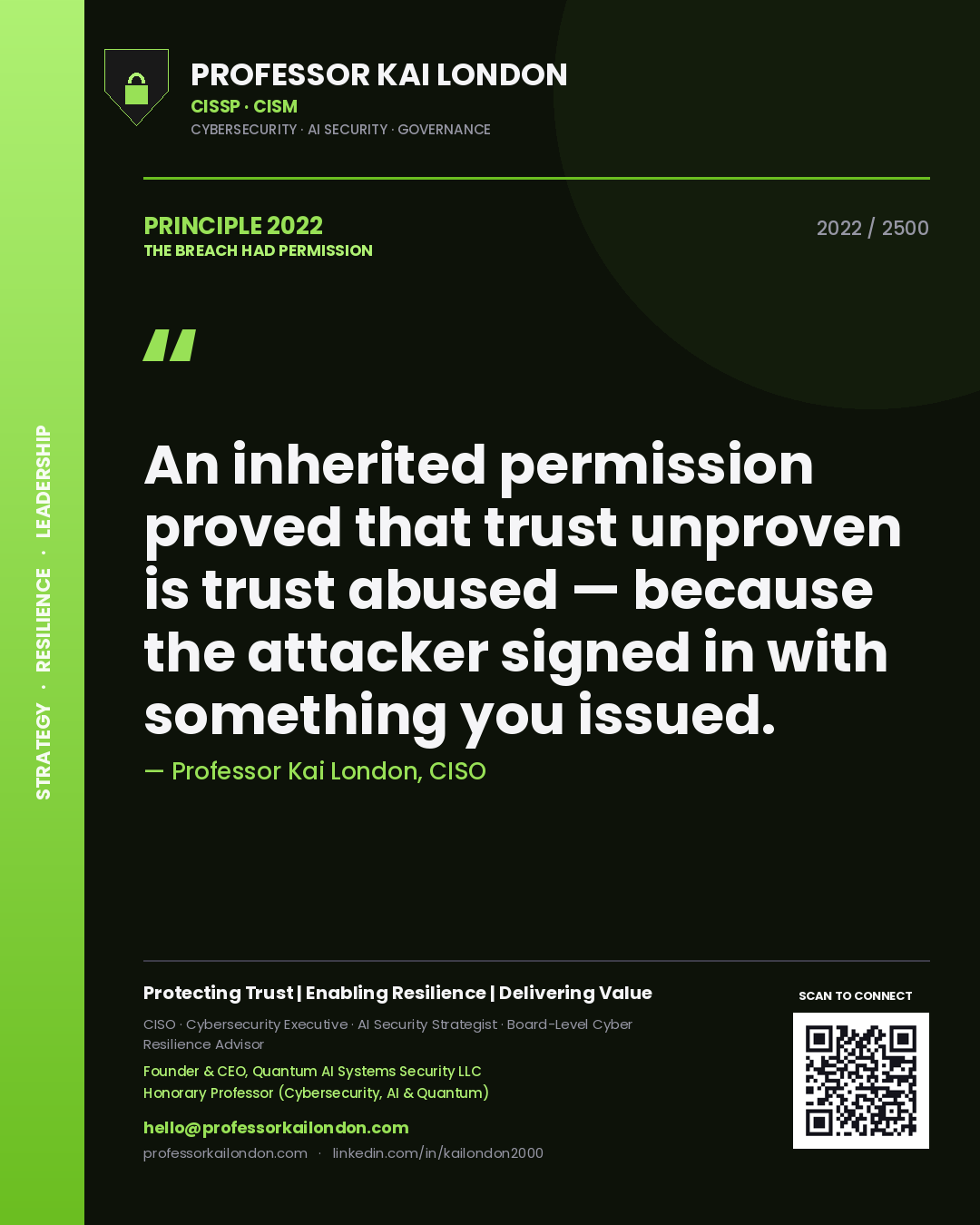 Professor Kai London principle 2022: An inherited permission proved that trust unproven is trust abused — because the attacker signed in with something you issued.
