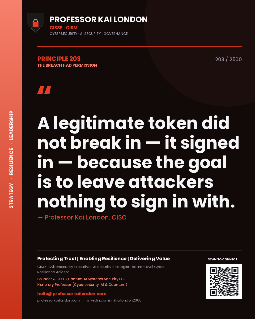 Quote card by Professor Kai London reading 'A legitimate token did not break in — it signed in — because the goal is to leave attackers nothing to sign in with.'. From the book The Breach Had Permission.