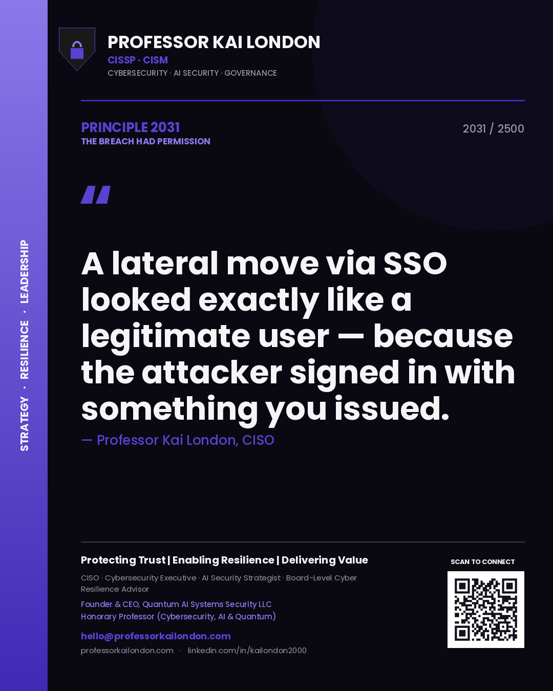 Quote card by Professor Kai London reading 'A lateral move via SSO looked exactly like a legitimate user — because the attacker signed in with something you issued.'. From the book The Breach Had Permission.
