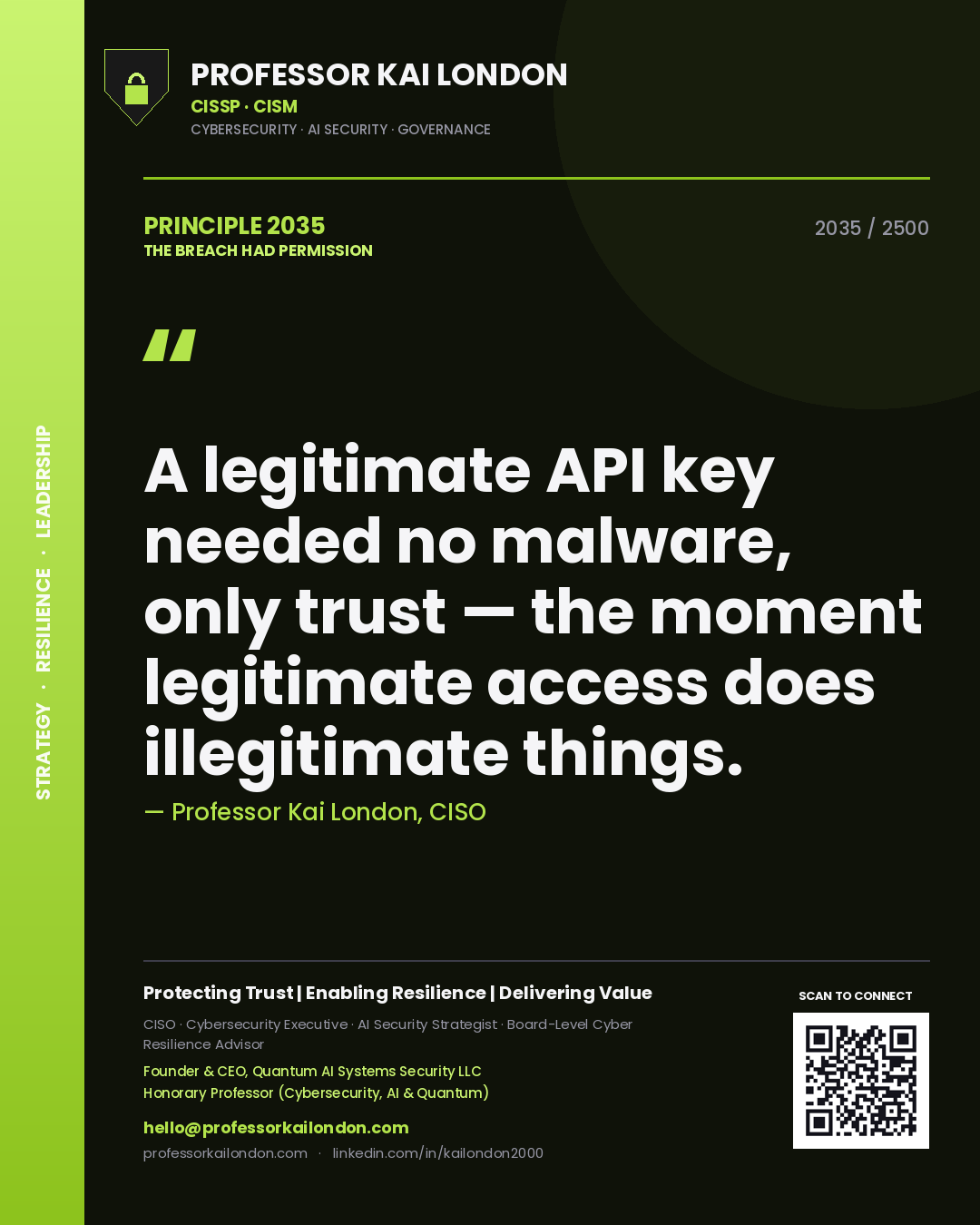 Quote card by Professor Kai London reading 'A legitimate API key needed no malware, only trust — the moment legitimate access does illegitimate things.'. From the book The Breach Had Permission.