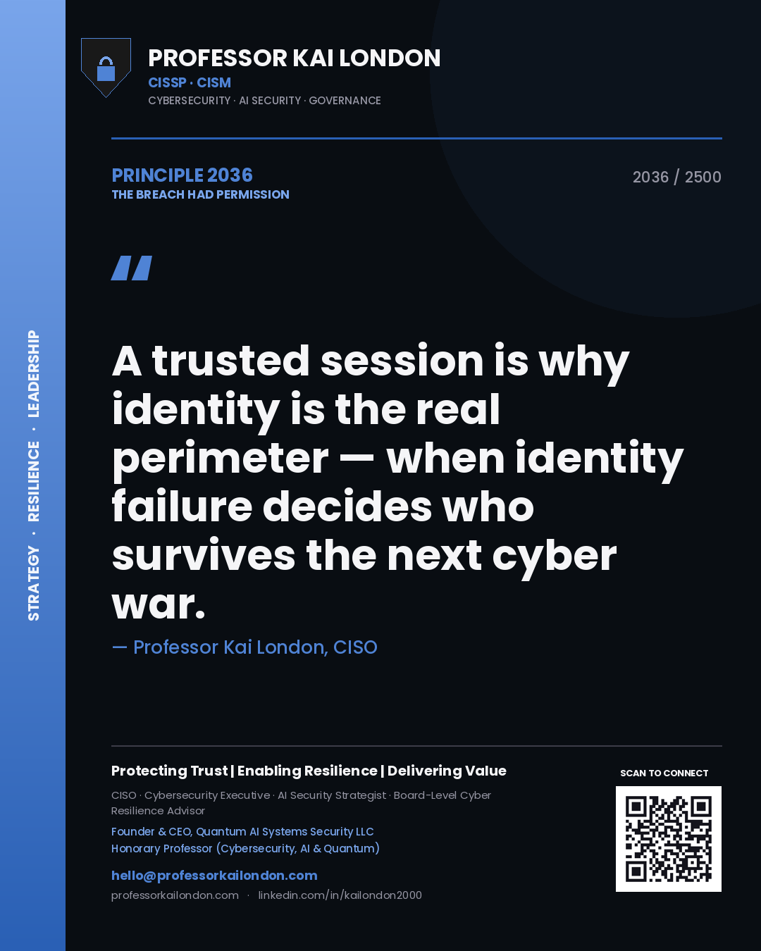 Professor Kai London principle 2036: A trusted session is why identity is the real perimeter — when identity failure decides who survives the next cyber war.