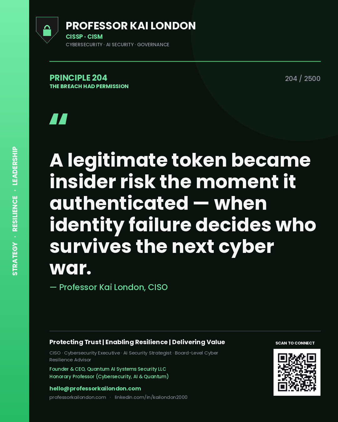 Quote card by Professor Kai London reading 'A legitimate token became insider risk the moment it authenticated — when identity failure decides who survives the next cyber war.'. From the book The Breach Had Permission.