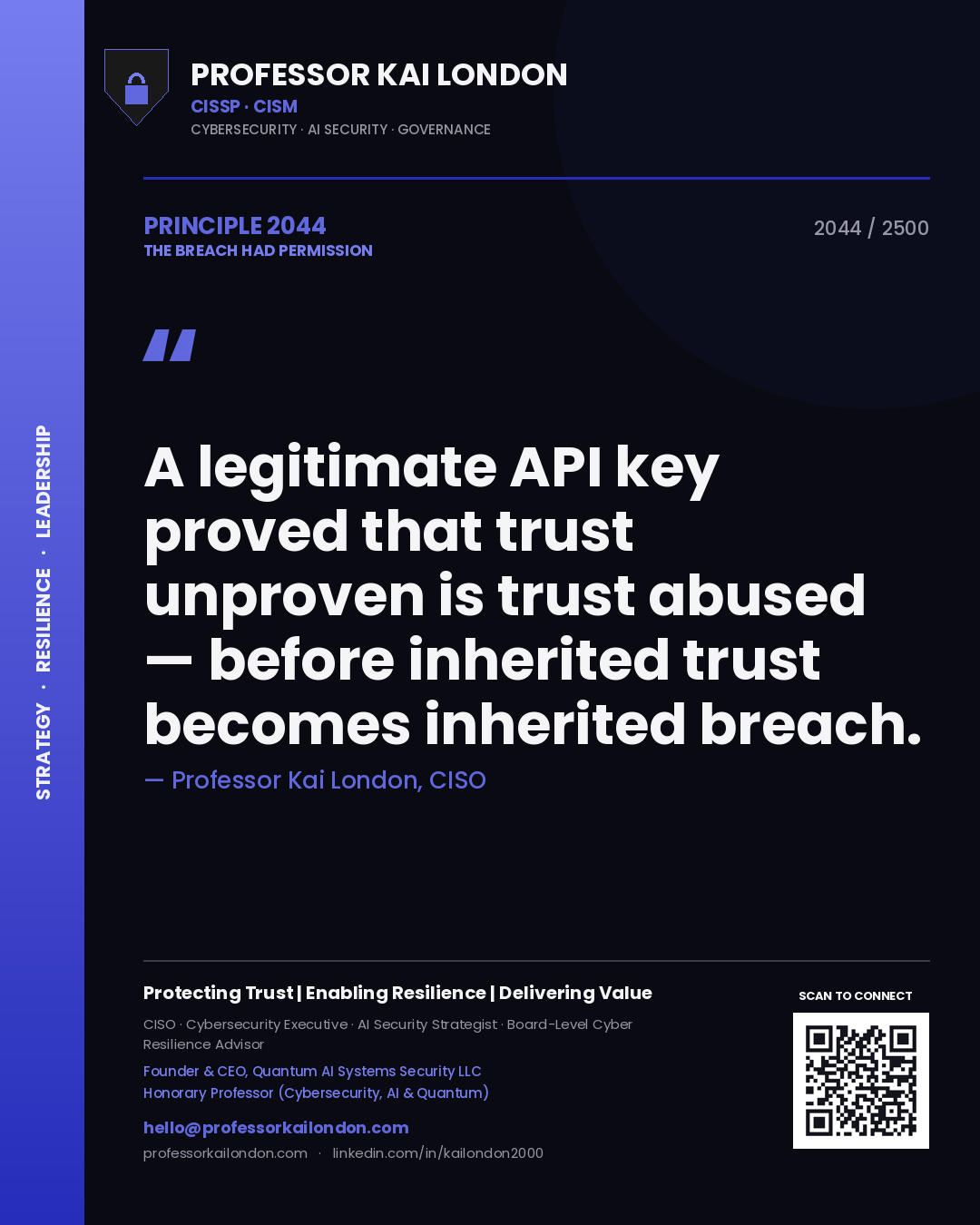 Quote card by Professor Kai London reading 'A legitimate API key proved that trust unproven is trust abused — before inherited trust becomes inherited breach.'. From the book The Breach Had Permission.