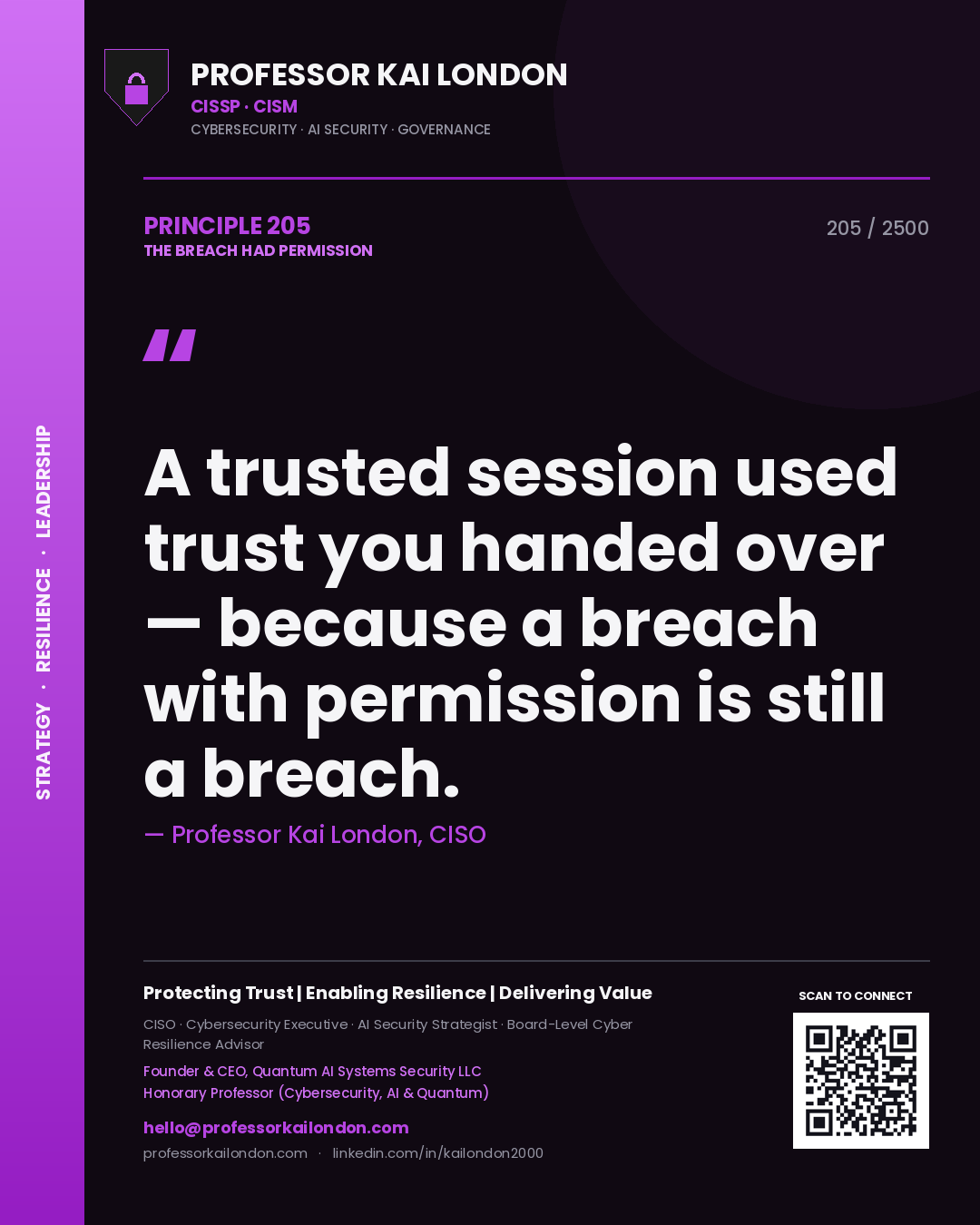 Quote card by Professor Kai London reading 'A trusted session used trust you handed over — because a breach with permission is still a breach.'. From the book The Breach Had Permission.