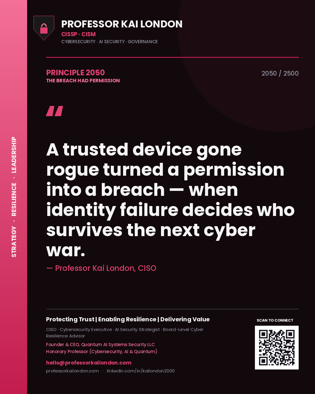 Quote card by Professor Kai London reading 'A trusted device gone rogue turned a permission into a breach — when identity failure decides who survives the next cyber war.'. From the book The Breach Had Permission.