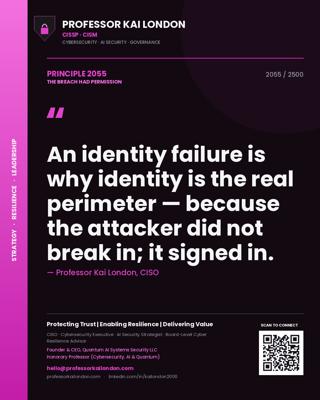 Quote card by Professor Kai London reading 'An identity failure is why identity is the real perimeter — because the attacker did not break in; it signed in.'. From the book The Breach Had Permission.