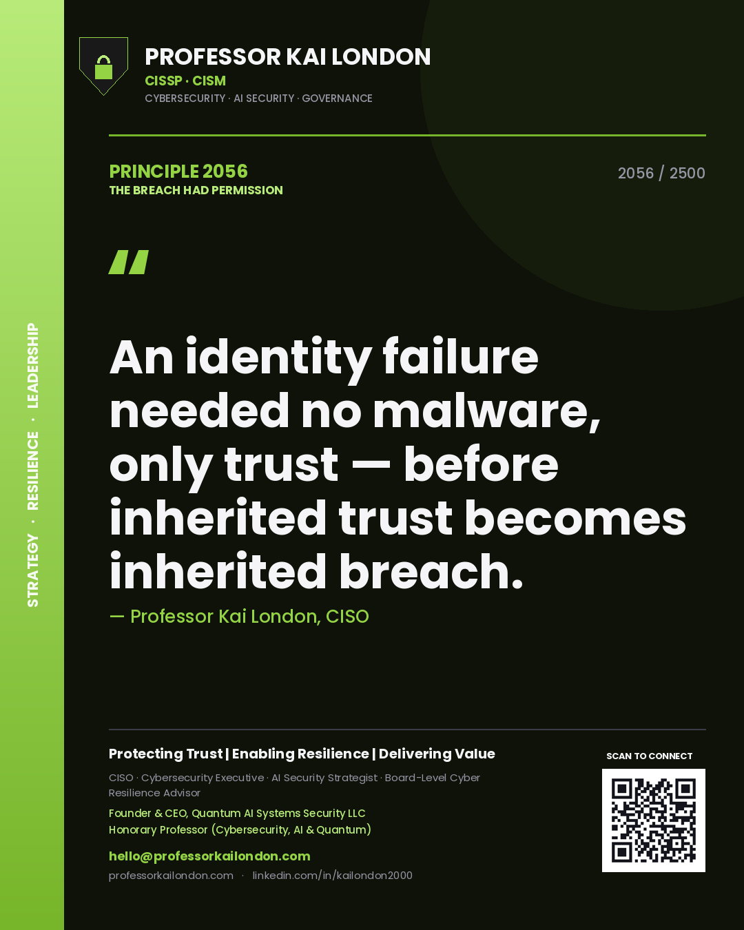 Quote card by Professor Kai London reading 'An identity failure needed no malware, only trust — before inherited trust becomes inherited breach.'. From the book The Breach Had Permission.