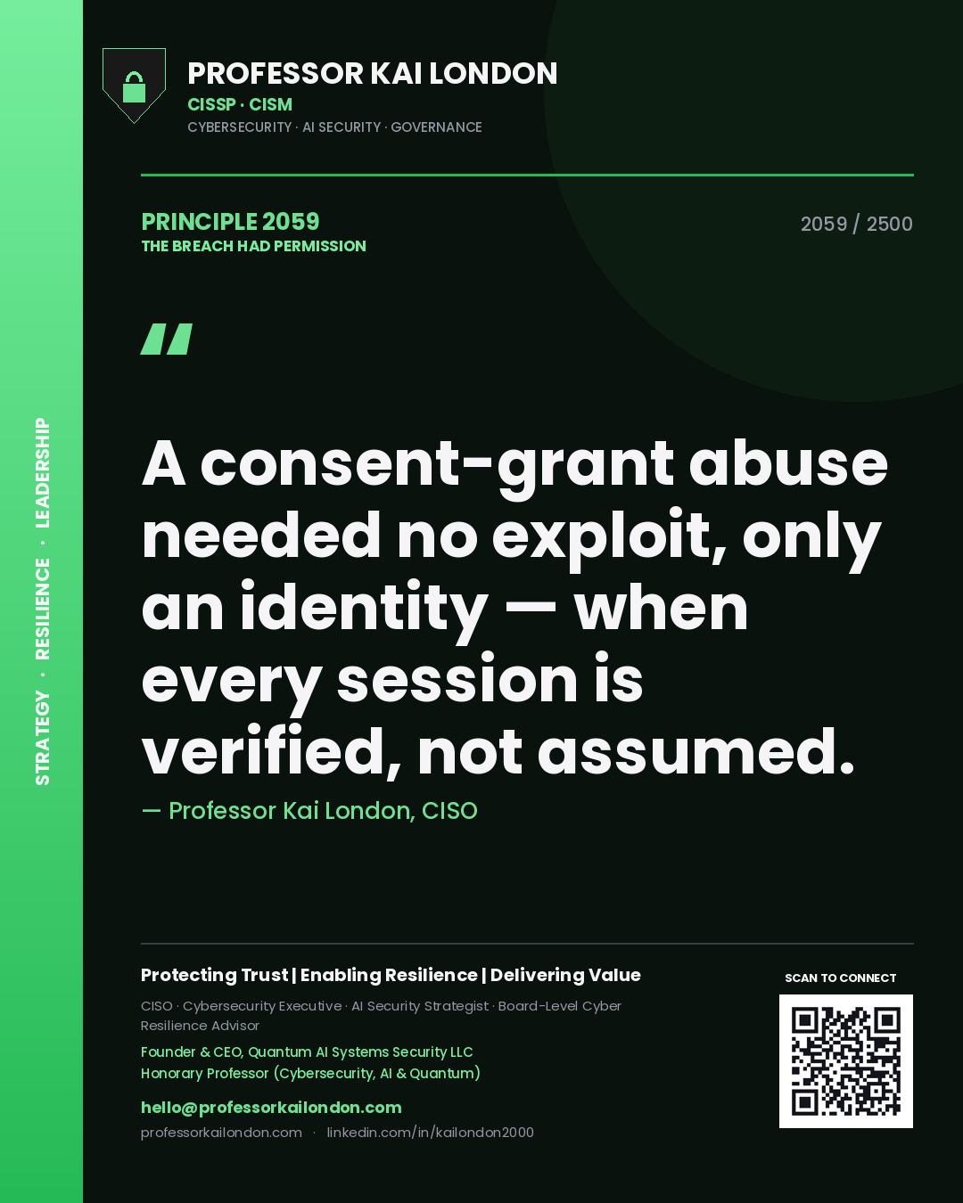 Professor Kai London principle 2059: A consent-grant abuse needed no exploit, only an identity — when every session is verified, not assumed.
