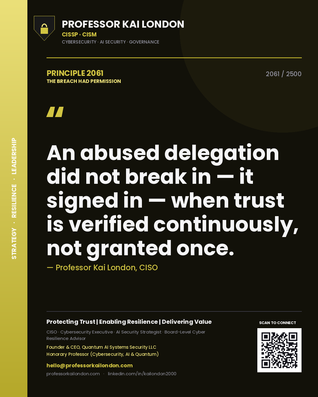 Quote card by Professor Kai London reading 'An abused delegation did not break in — it signed in — when trust is verified continuously, not granted once.'. From the book The Breach Had Permission.