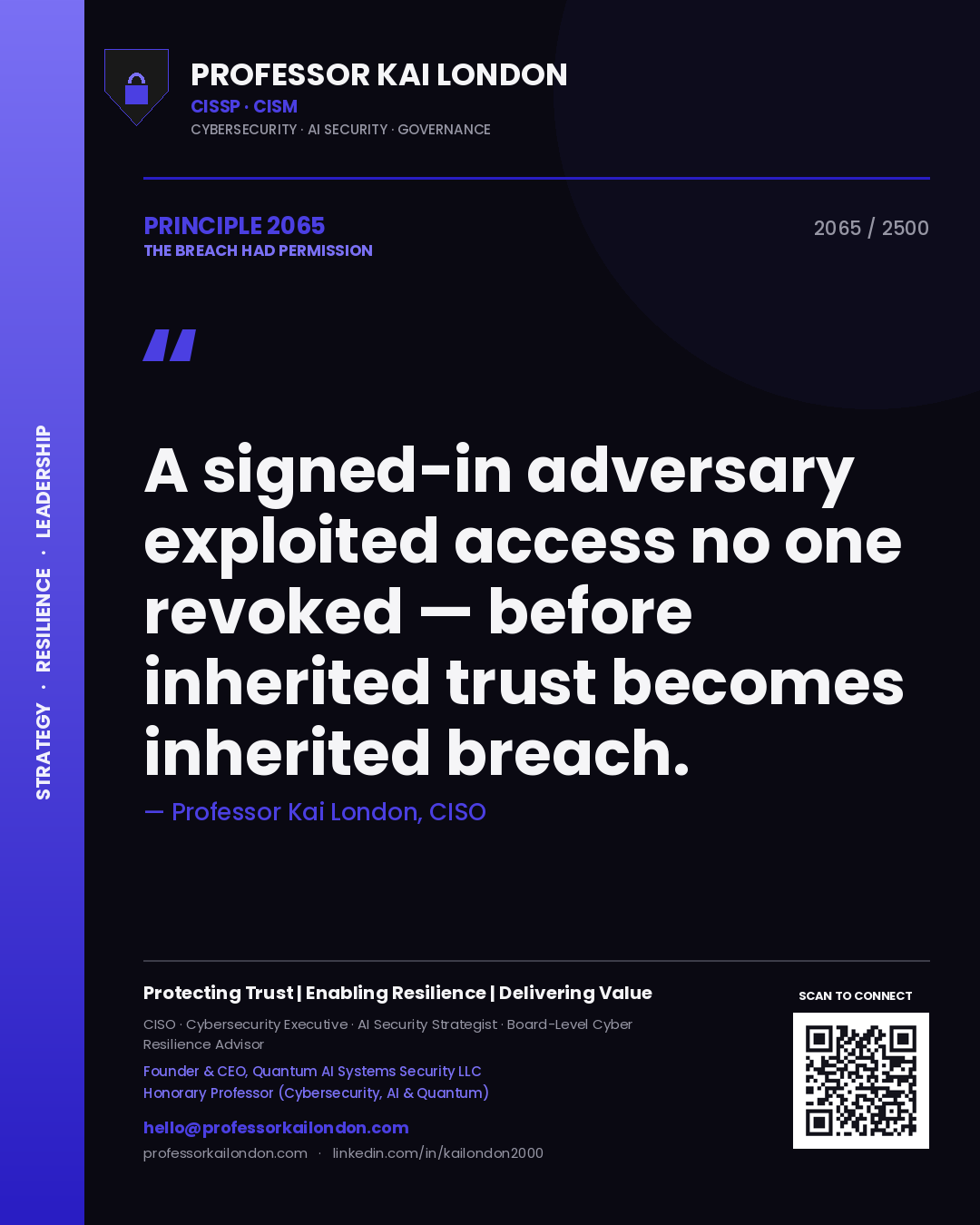 Professor Kai London principle 2065: A signed-in adversary exploited access no one revoked — before inherited trust becomes inherited breach.