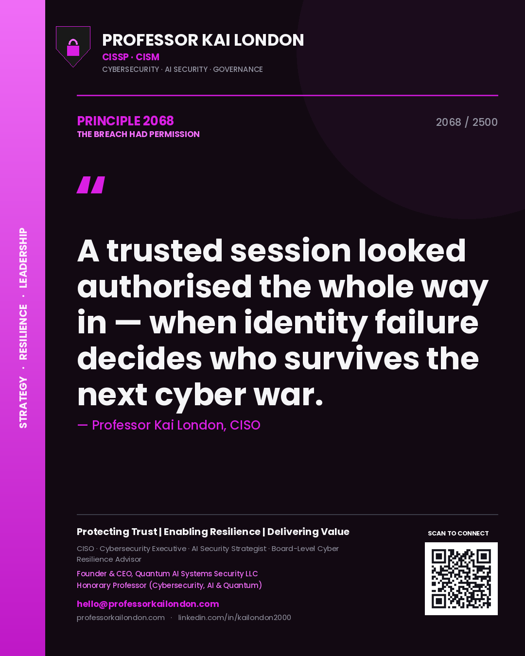 Professor Kai London principle 2068: A trusted session looked authorised the whole way in — when identity failure decides who survives the next cyber war.