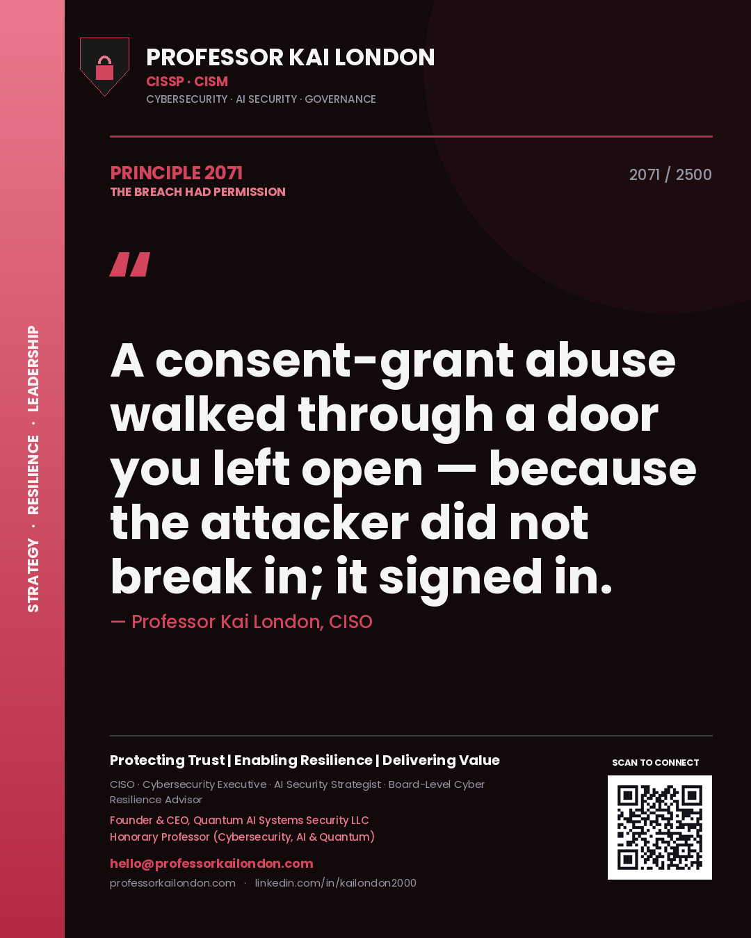 Professor Kai London principle 2071: A consent-grant abuse walked through a door you left open — because the attacker did not break in; it signed in.