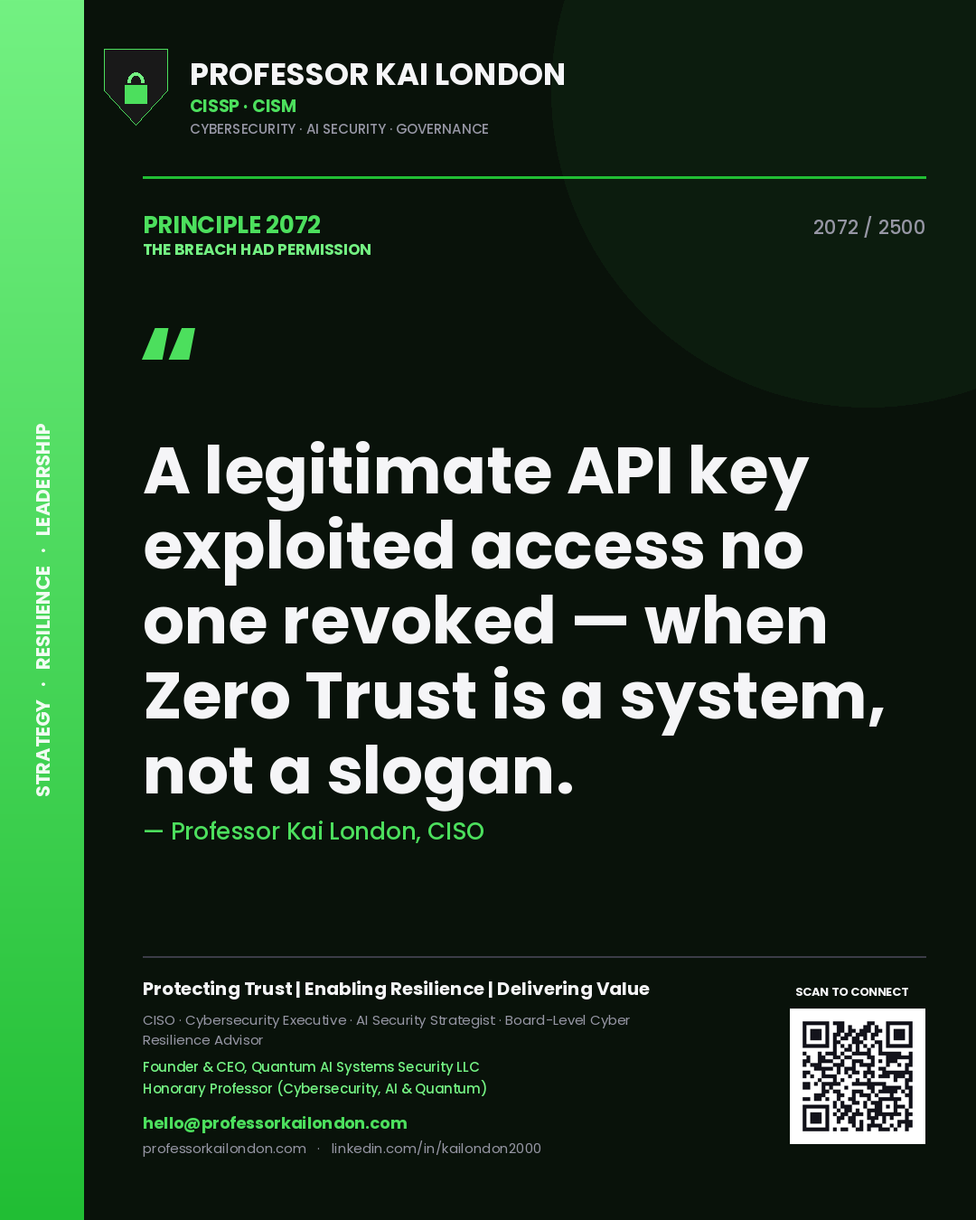 Professor Kai London principle 2072: A legitimate API key exploited access no one revoked — when Zero Trust is a system, not a slogan.
