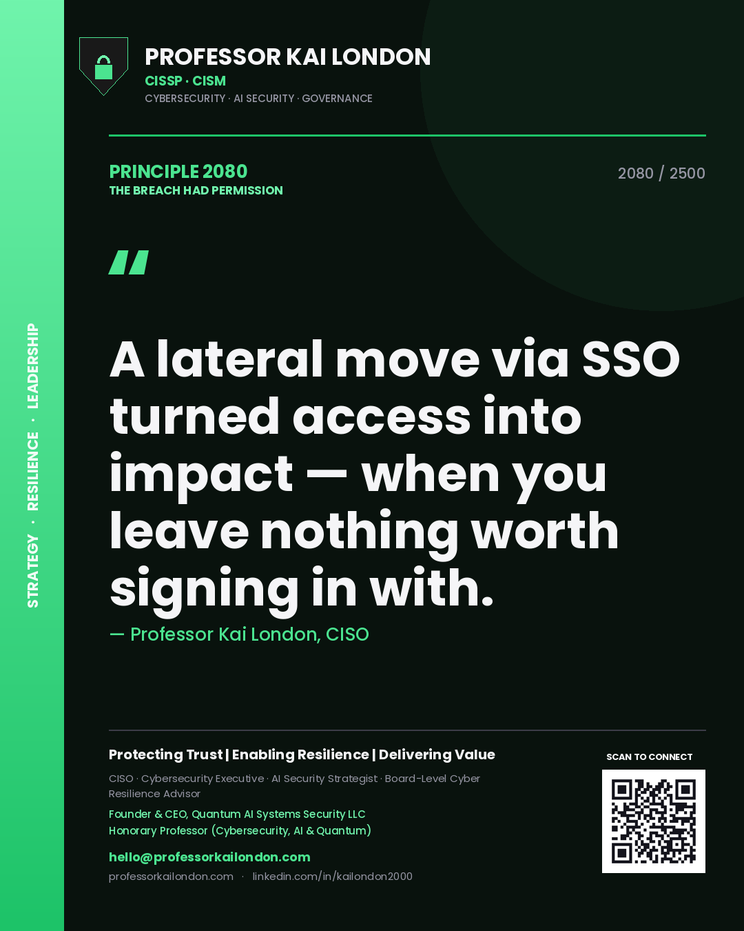 Professor Kai London principle 2080: A lateral move via SSO turned access into impact — when you leave nothing worth signing in with.
