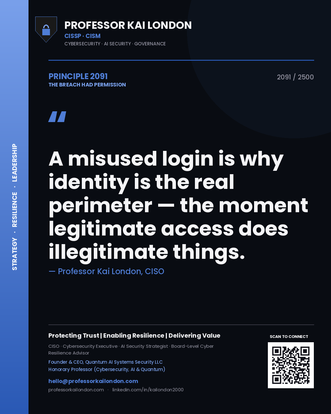 Quote card by Professor Kai London reading 'A misused login is why identity is the real perimeter — the moment legitimate access does illegitimate things.'. From the book The Breach Had Permission.