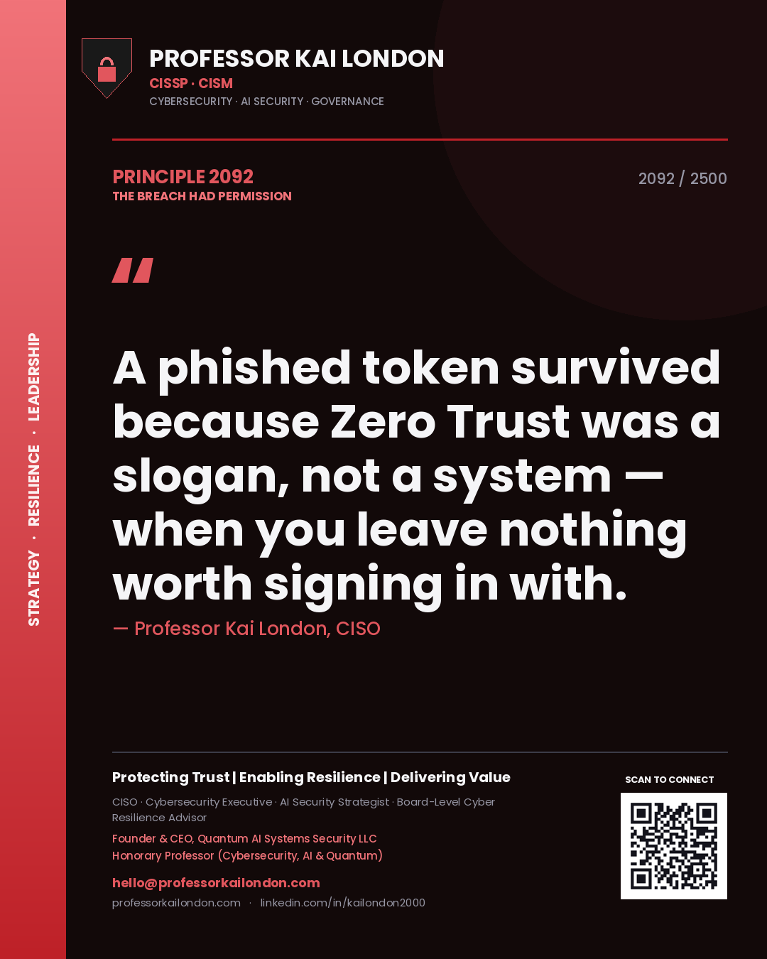 Professor Kai London principle 2092: A phished token survived because Zero Trust was a slogan, not a system — when you leave nothing worth signing in with.