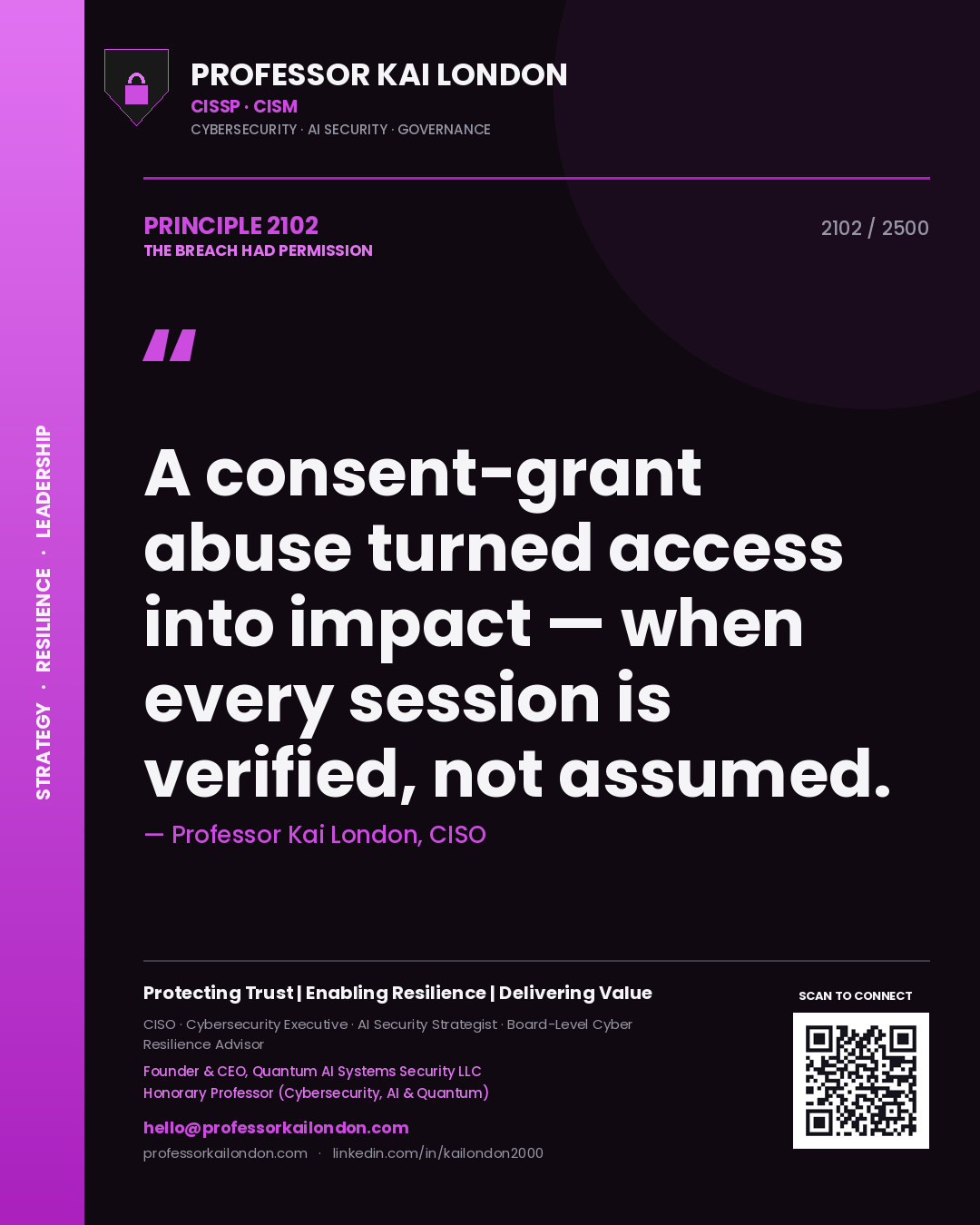 Quote card by Professor Kai London reading 'A consent-grant abuse turned access into impact — when every session is verified, not assumed.'. From the book The Breach Had Permission.