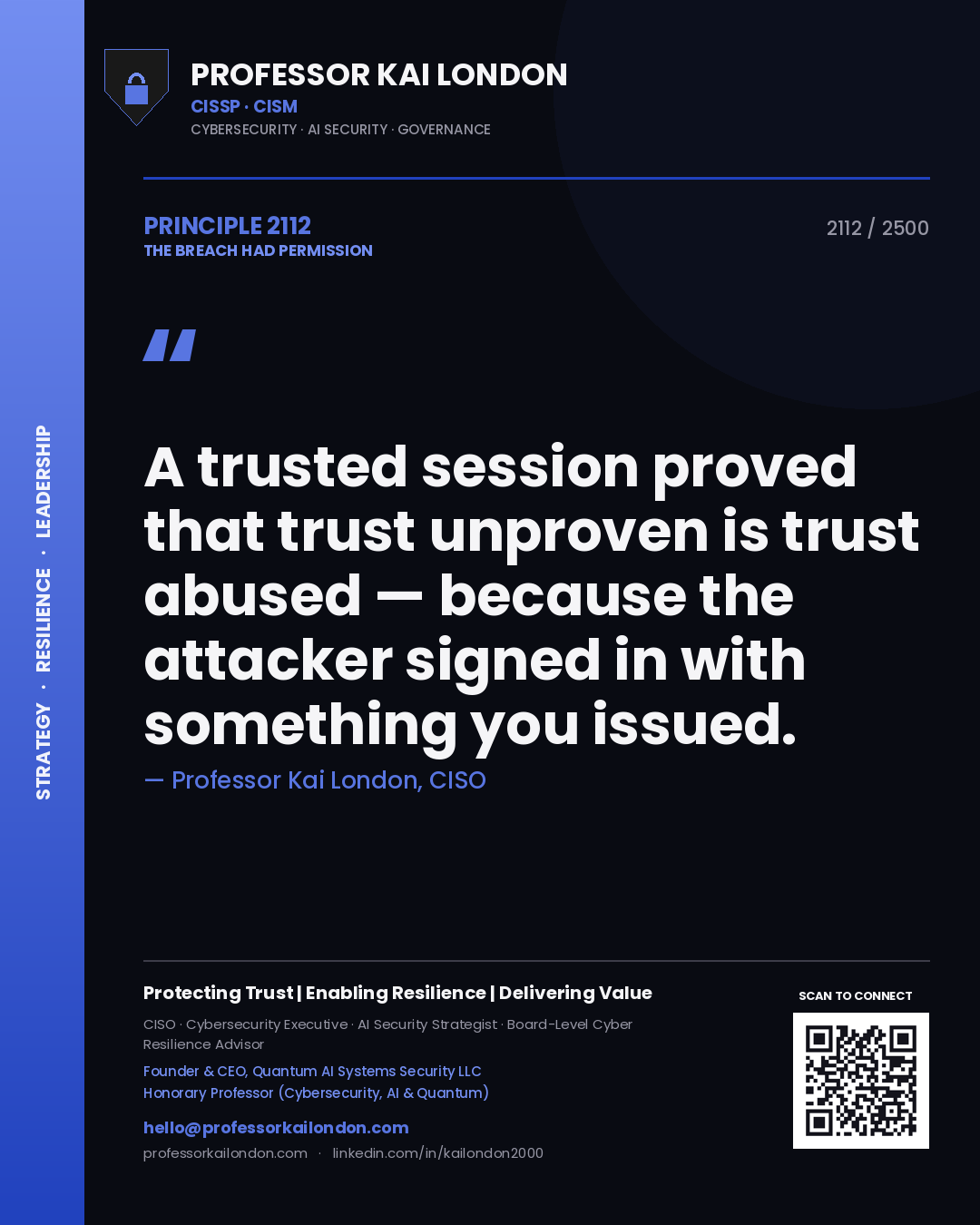 Quote card by Professor Kai London reading 'A trusted session proved that trust unproven is trust abused — because the attacker signed in with something you issued.'. From the book The Breach Had Permission.