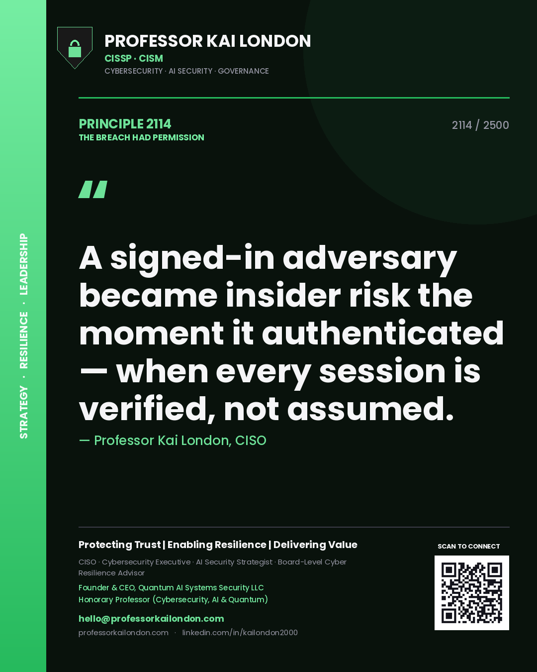 Quote card by Professor Kai London reading 'A signed-in adversary became insider risk the moment it authenticated — when every session is verified, not assumed.'. From the book The Breach Had Permission.