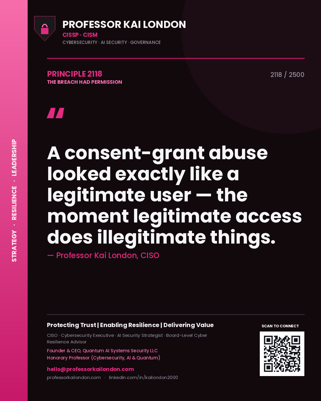 Quote card by Professor Kai London reading 'A consent-grant abuse looked exactly like a legitimate user — the moment legitimate access does illegitimate things.'. From the book The Breach Had Permission.