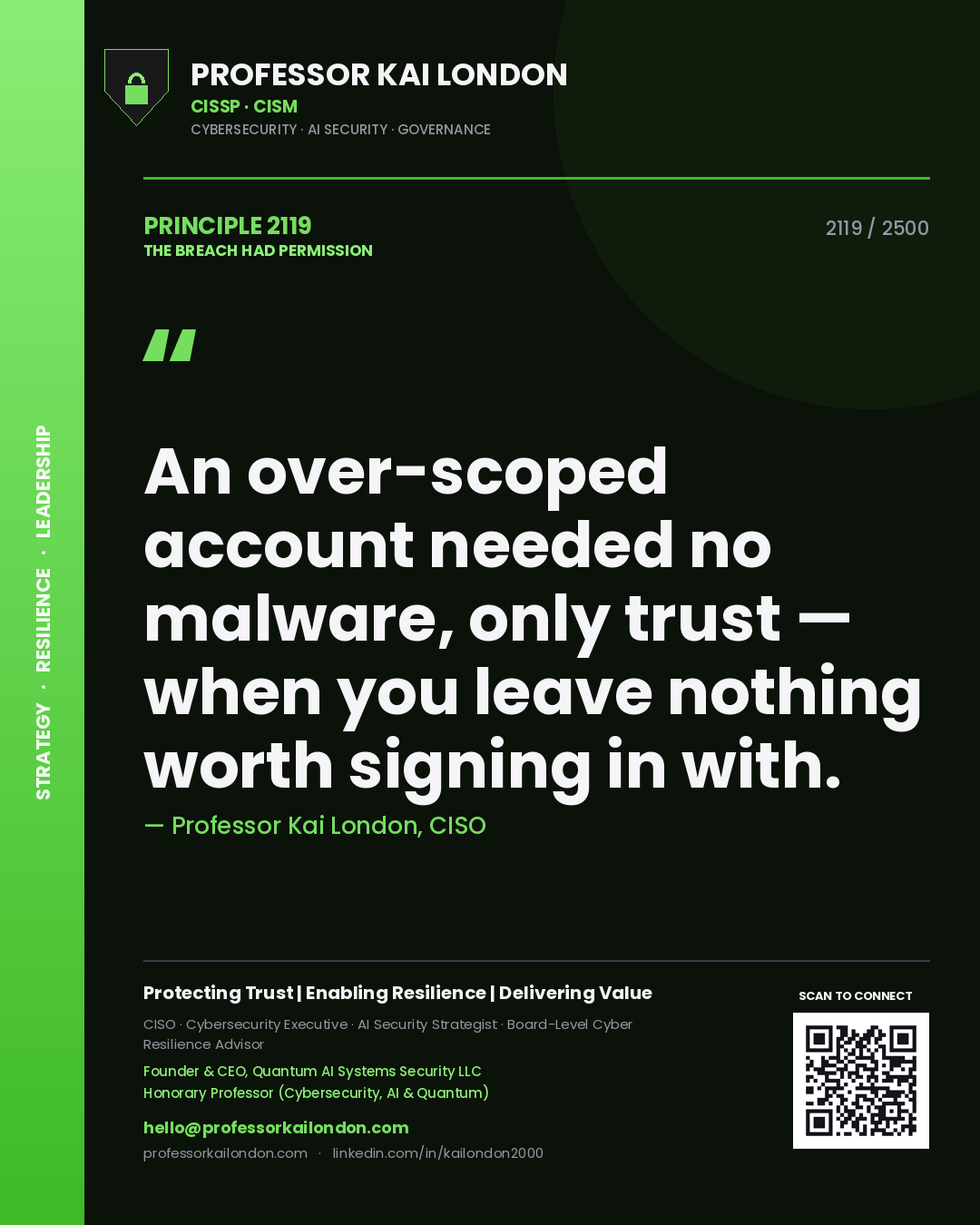 Professor Kai London principle 2119: An over-scoped account needed no malware, only trust — when you leave nothing worth signing in with.