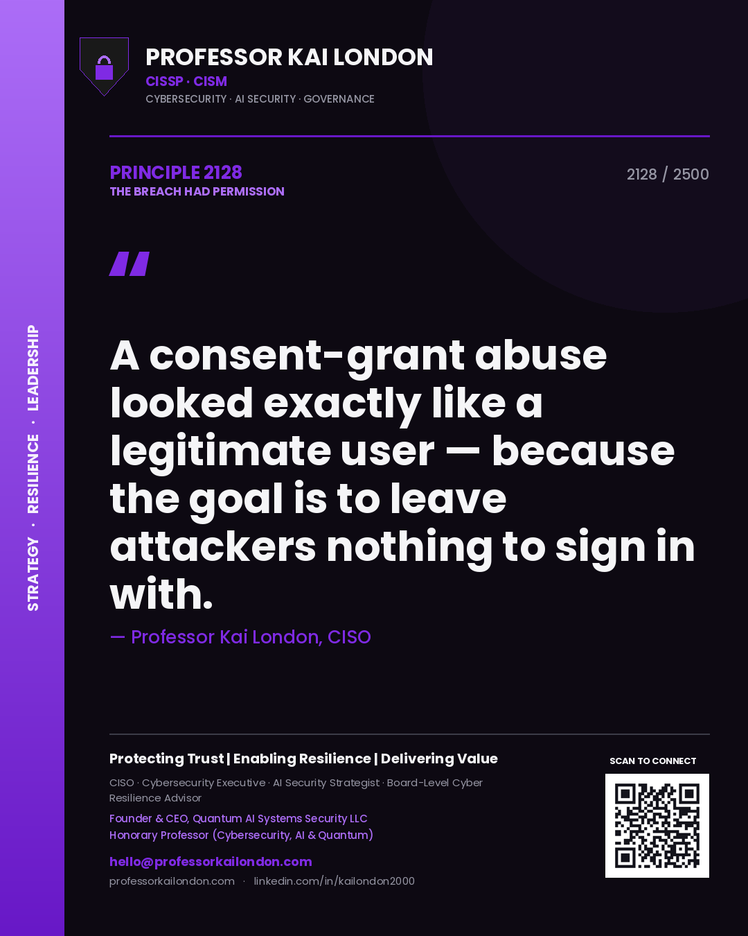 Professor Kai London principle 2128: A consent-grant abuse looked exactly like a legitimate user — because the goal is to leave attackers nothing to sign in with.