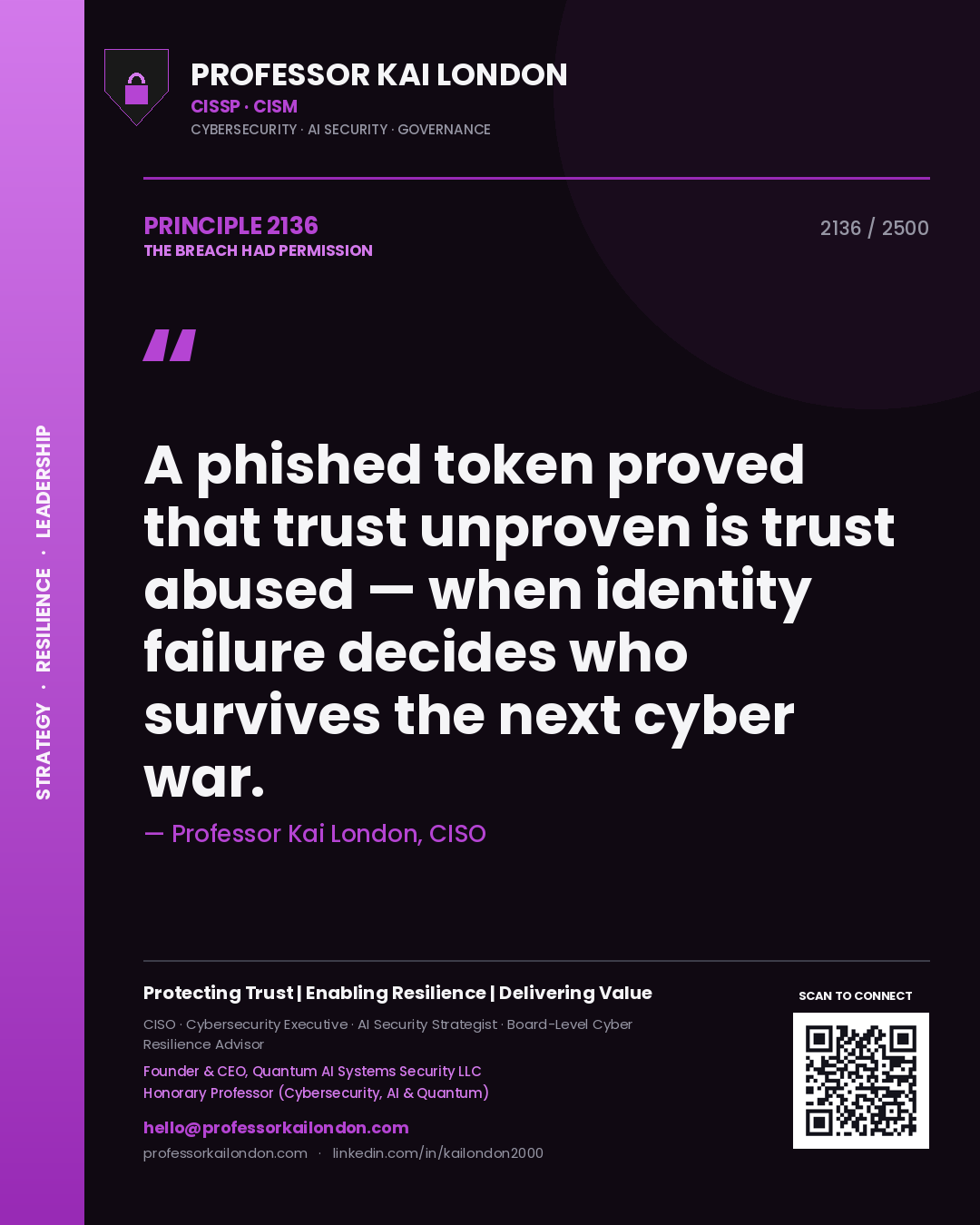 Quote card by Professor Kai London reading 'A phished token proved that trust unproven is trust abused — when identity failure decides who survives the next cyber war.'. From the book The Breach Had Permission.