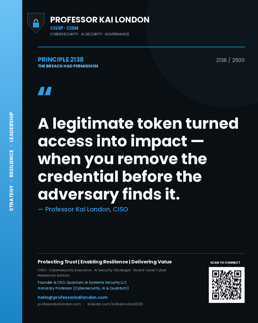 Quote card by Professor Kai London reading 'A legitimate token turned access into impact — when you remove the credential before the adversary finds it.'. From the book The Breach Had Permission.