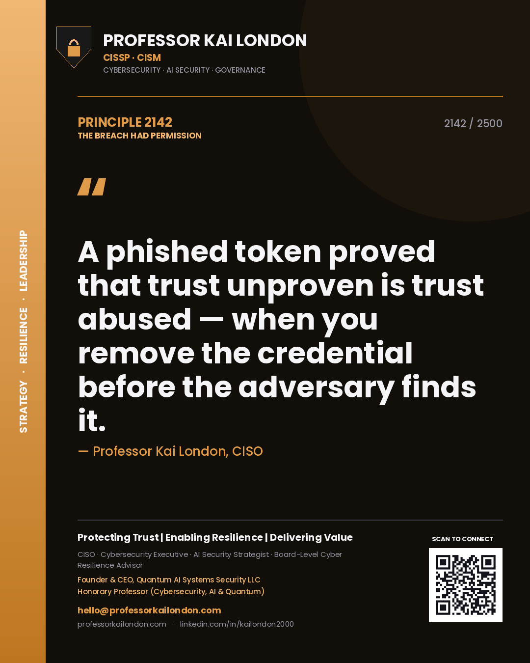 Quote card by Professor Kai London reading 'A phished token proved that trust unproven is trust abused — when you remove the credential before the adversary finds it.'. From the book The Breach Had Permission.