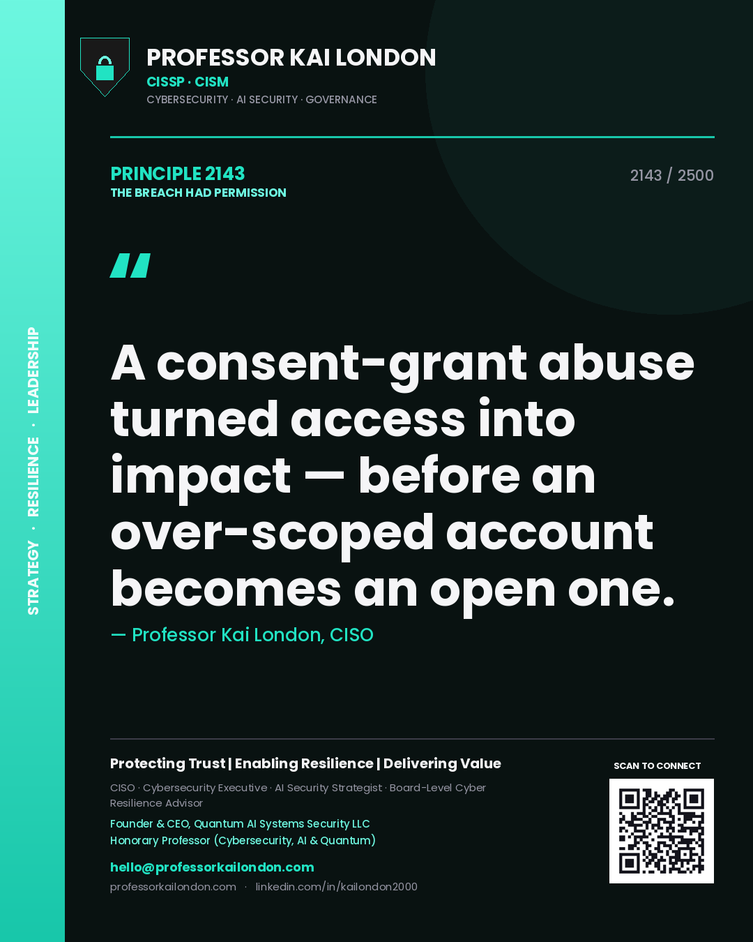 Professor Kai London principle 2143: A consent-grant abuse turned access into impact — before an over-scoped account becomes an open one.