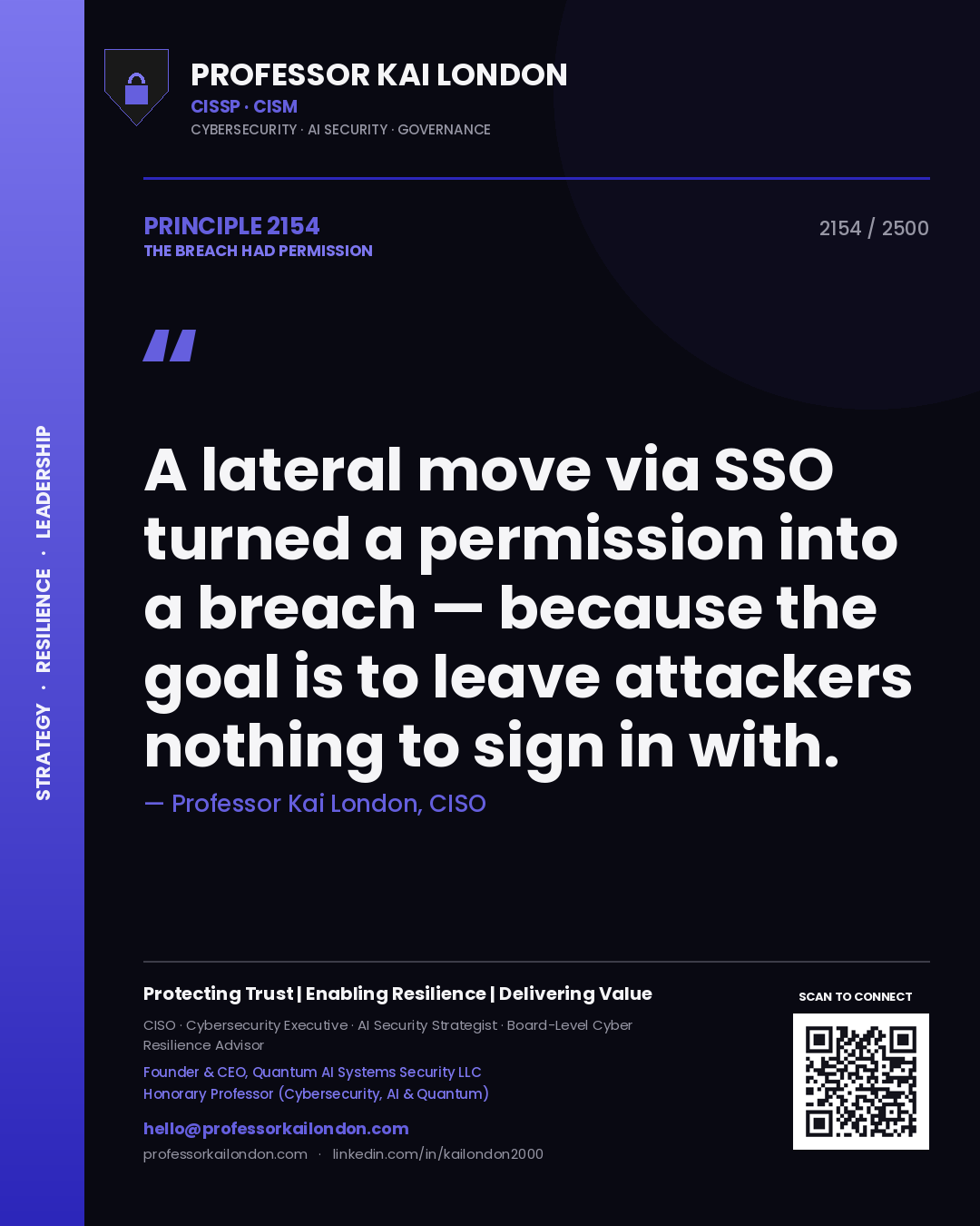 Professor Kai London principle 2154: A lateral move via SSO turned a permission into a breach — because the goal is to leave attackers nothing to sign in with.